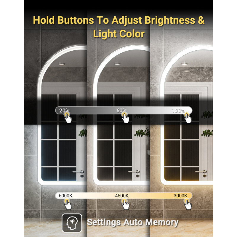 Miroir de salle de bain Arch Led avec désembueur - Miroir mural flottant rétroéclairé blanc, certifié ETL & FCC