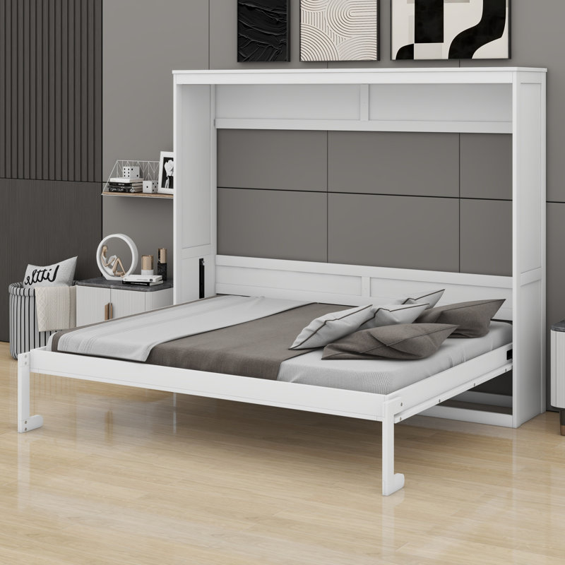 Lit mural multifonctionnel, lit pliable, Blanc, Grand lit