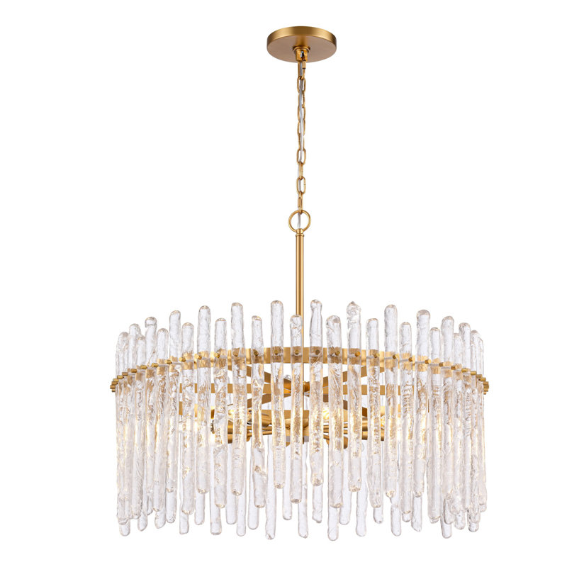 Luminaire suspendu glaçons en laiton avec tiges en verre texturé faites à la main, 26", 8 lumières