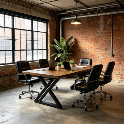 Industrial Style Solid Wood Conference Table with Black X-Shaped Legs, Large Rectangular Desk for 6-8 People, Suitable for Offices, Meeting Rooms and Loft Workspaces