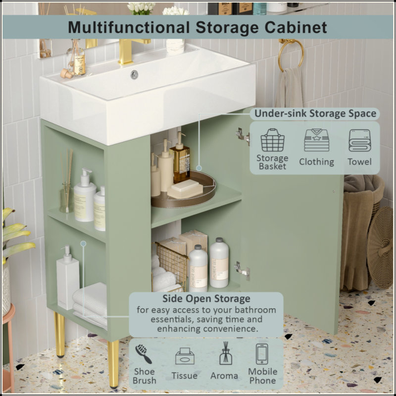 Meuble-lavabo vert 21,6 po, armoire combinée, meuble de rangement pour salle de bain, lavabo simple en céramique, rangement à gauche