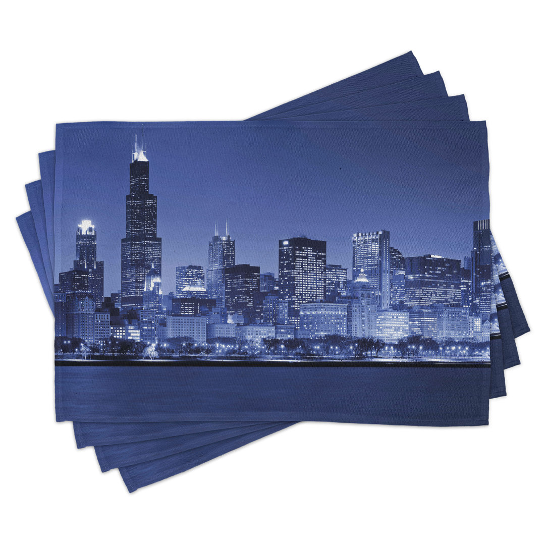 Platzdeckchen 4er Set, Chicago Skyline Nacht, Violett Blau