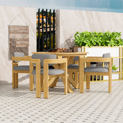 Ensemble de salle à manger 5 pièces en bois d'acacia avec table ronde et 4 chaises demi-tonneau rembourrées