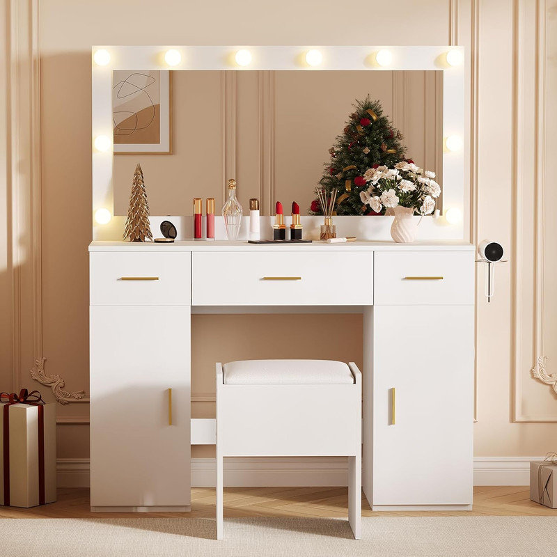 Bureau de coiffeuse avec miroir et lumières, grande table de maquillage avec prise de courant et tabouret, éclairage réglable pour la chambre à coucher