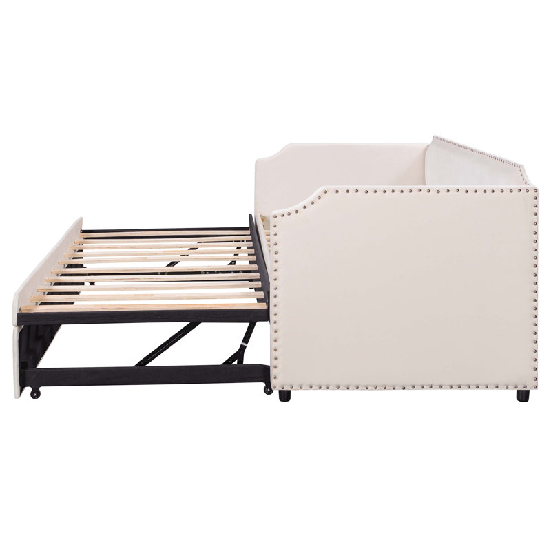 Lit de jour simple en velours rembourré avec lit gigogne, Beige