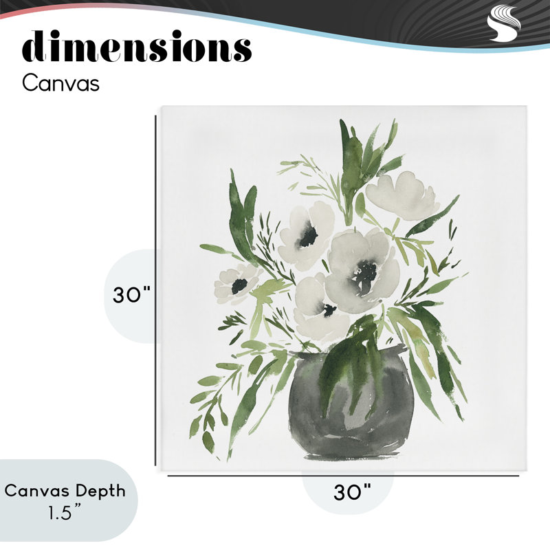 Toile ronde avec anémones blanches, design par Lucille Price, H 30 po x l 30 po