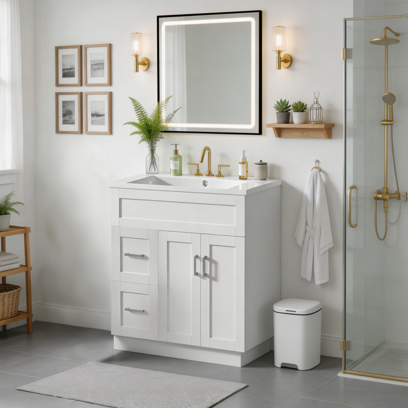 Le meuble-lavabo de 30 pouces comprend 2 portes, 2 tiroirs, des glissières de tiroir dissimulées, des charnières à fermeture en douceur et des tablettes réglables