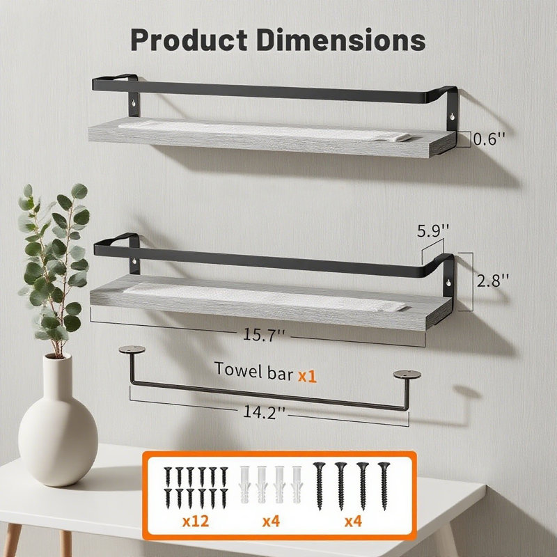 Tablettes flottantes avec barre à serviettes, tablettes de rangement murales pour la salle de bain, cuisine, chambre à coucher, avec cadre en métal, ensemble de 2