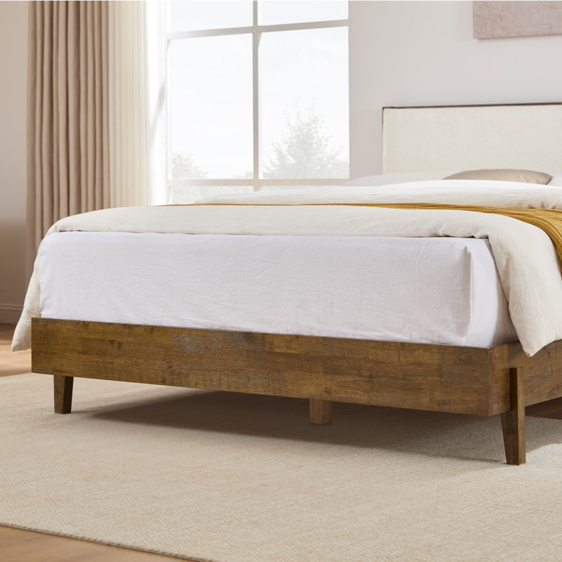 Rezana Solid Wood Boucle Upholstered Headboard Bed Frame, Queen, Walnut