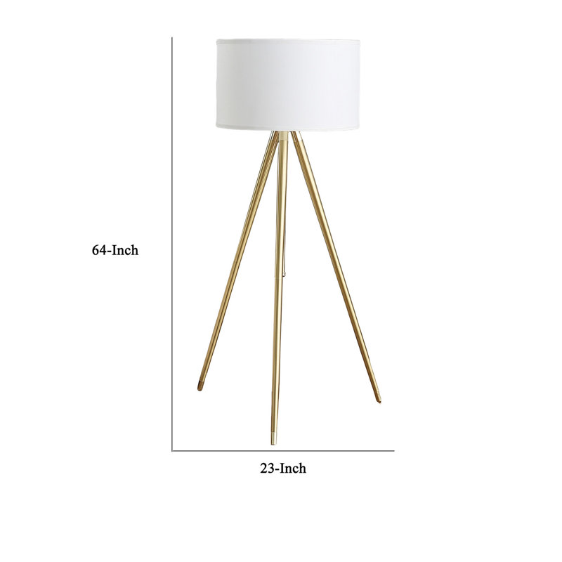 Lampe sur pied Kera, abat-jour tambour blanc, base trépied en laiton doré 64 po