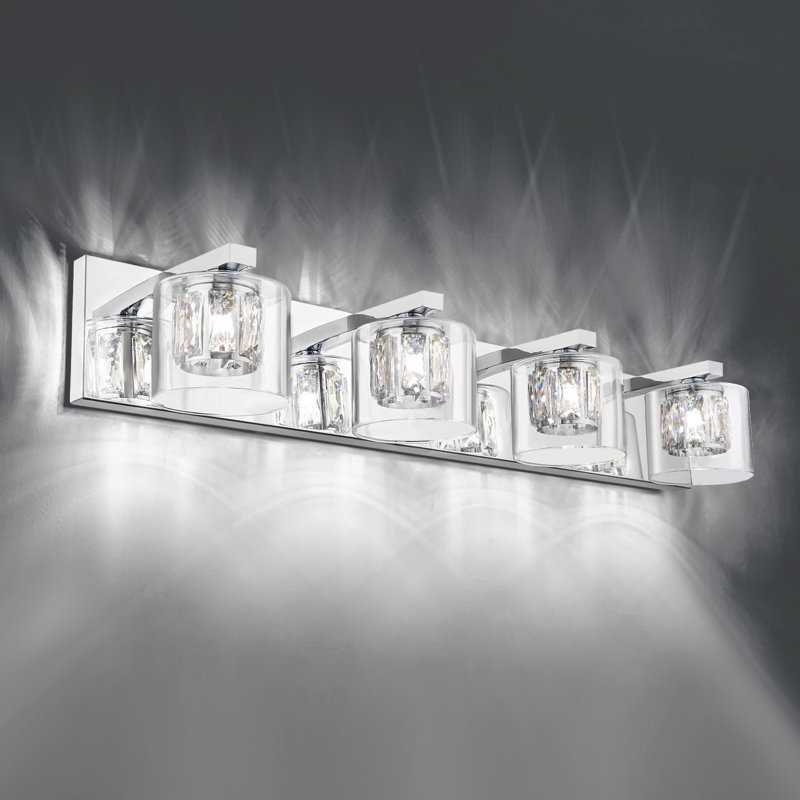 Éclairage pour meuble-lavabo de salle de bain 4 lumières Delvon avec verre transparent double couche et abat-jour en cristal - Éclairage élégant pour couloirs et chambres