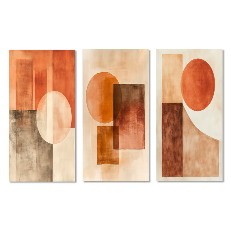 Moderne géométrie Flow II - terre cuite - abstrait, art mural en métal 3 pièces, H 32 po x l 48 po
