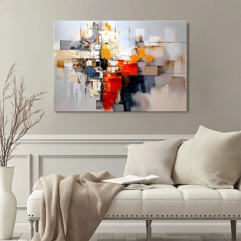 Art mural sur toile encadré en 2 dimensions, composition géométrique abstraite, patchwork de blocs de tons chauds, impression sur toile de style abstrait moderne, reproduction d'art sur toile, cadeau idéal, prêt à accrocher