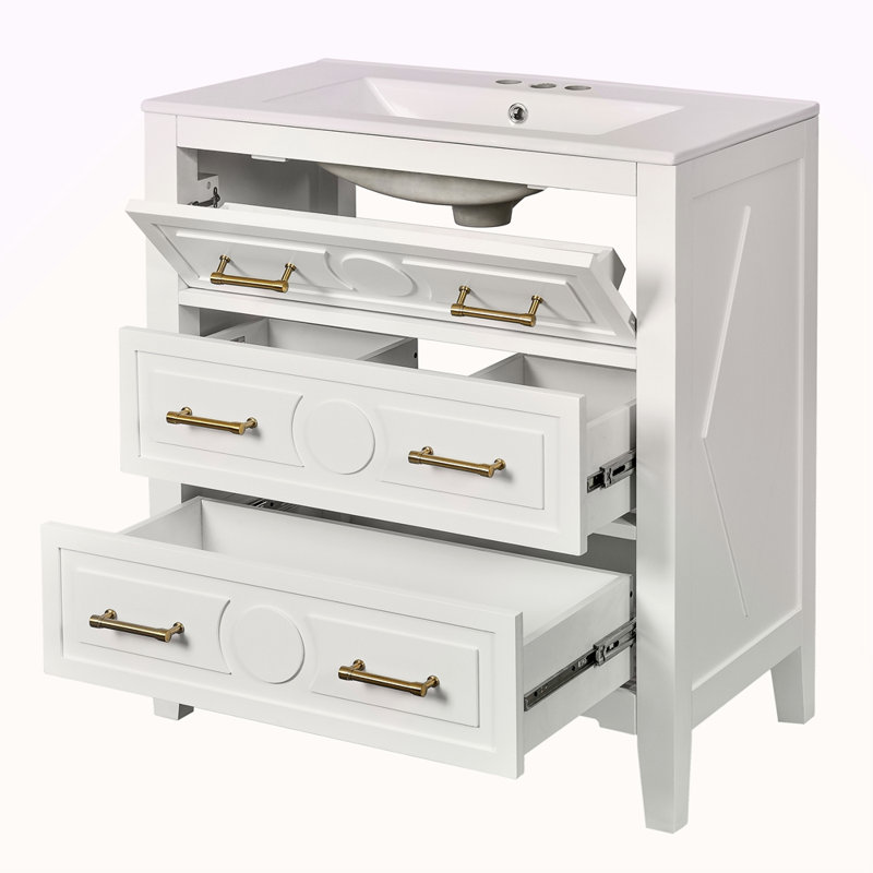 Ensemble de meuble-lavabo simple 30 po avec 3 tiroirs, meuble-lavabo autoportant avec cadre en bois massif 30 po, Blanc
