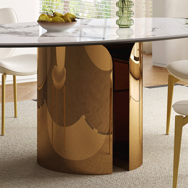 Table de salle à manger ovale en pierre frittée de 70,9 po avec pieds en acier inoxydable de couleur cuivre