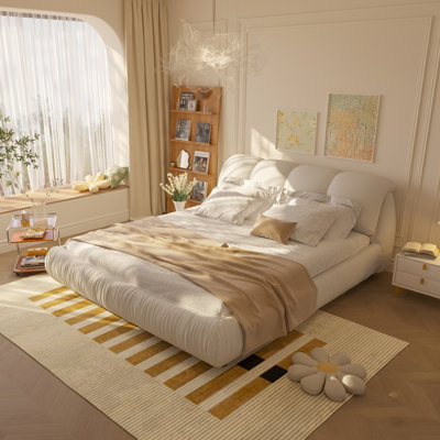 Lit plateforme tapissier Everly Quinn avec tête de lit rembourrée en tissu et base en bois de pin, aucun sommier nécessaire