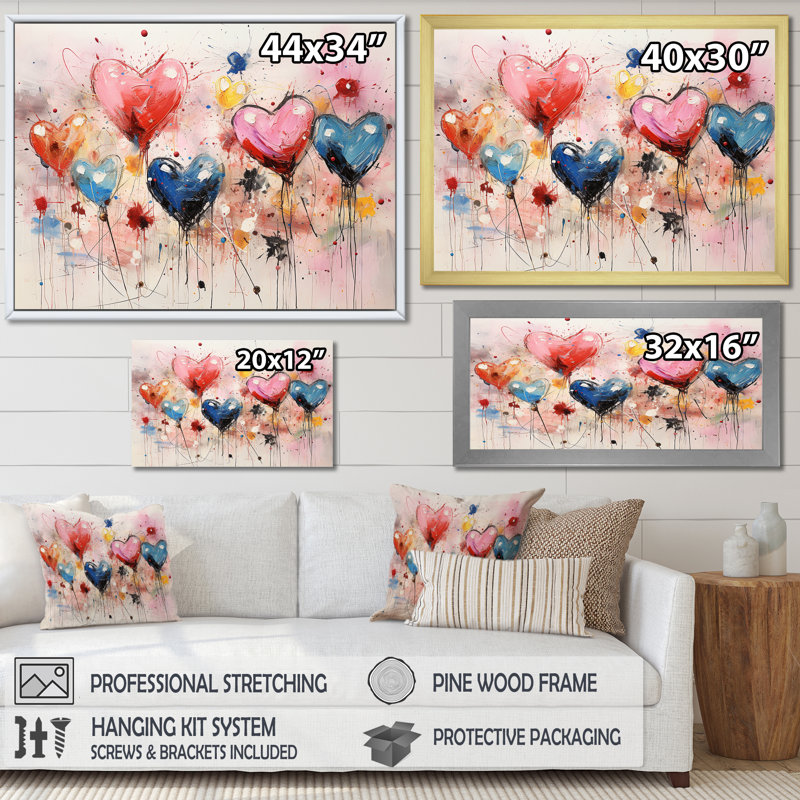 Rose et bleu cœur Pop Art 1 - Art mural Pop Art, Cadre d'angle fermé noir, H 12 po x l 20 po x P 1 po