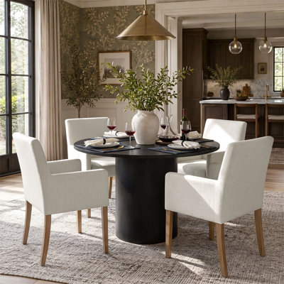 Ensemble de table de salle à manger pour 4 personnes avec table ronde et 4 fauteuils rembourrés en bois massif