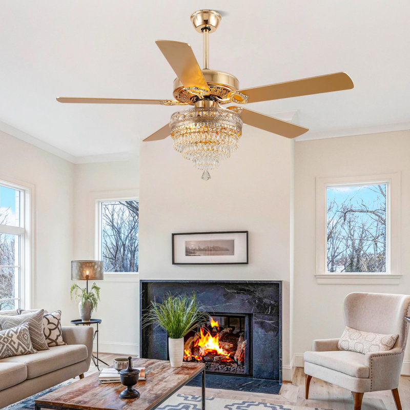 Ventilateur de plafond 52 pouces à 5 pales en cristal avec télécommande et lumière, Or, 52 po de largeur