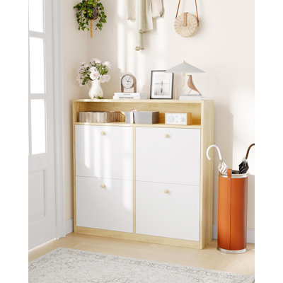 Étagère à chaussures étroite avec 4 tiroirs rabattables et tablette ouverte, range-chaussures autoportant en bois avec tablettes pour pantoufles, espadrilles, talons et bottes