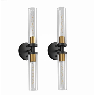 Set of 2 Clear Glass Modern Industrial Vanity Sconces, Matte Black and Copper