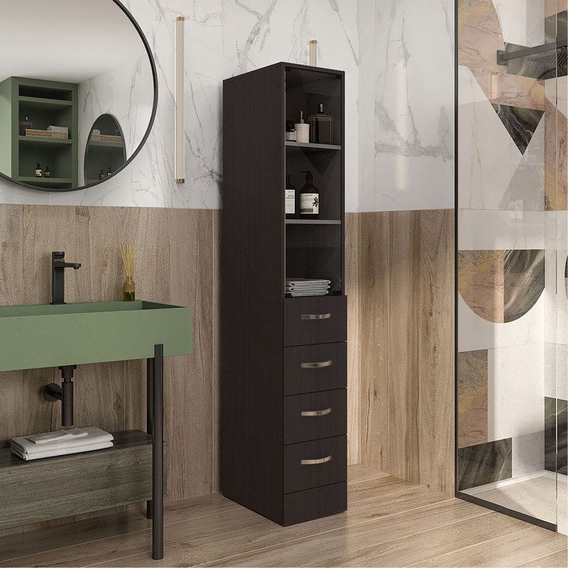 Armoire à linge H 68 po, trois tablettes, quatre tiroirs et poignées en métal