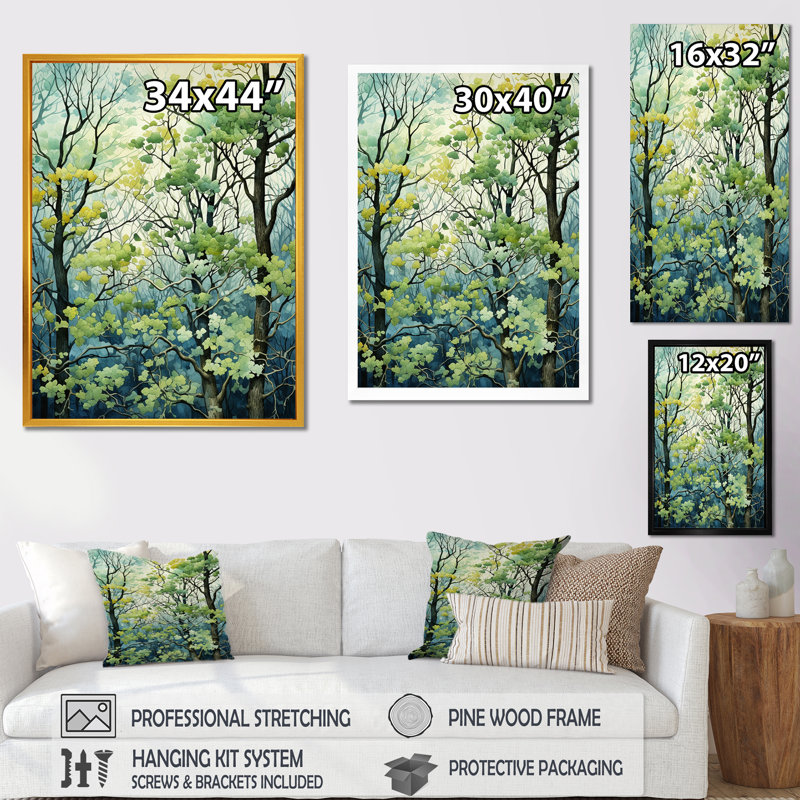 «Green Spring Blooms Tree Forest I», art mural arbre, Cadre simple noir, H 20 po x l 12 po x P 1 po