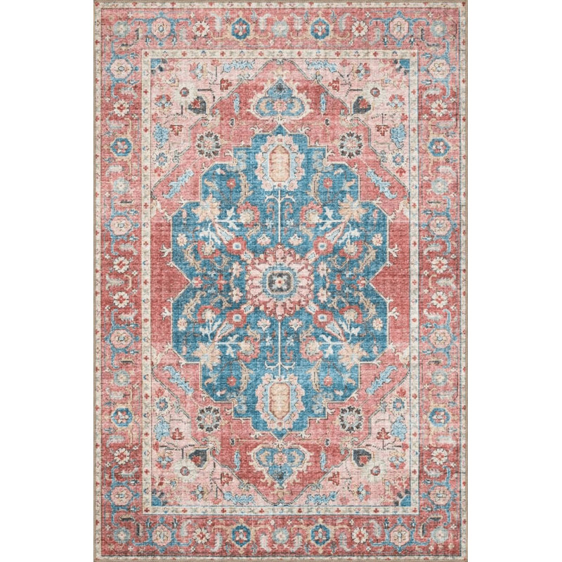 Tapis décoratif traditionnel bleu et rouge lavable à la machine, Sous-tapis rond 3 pi 3 po inclus