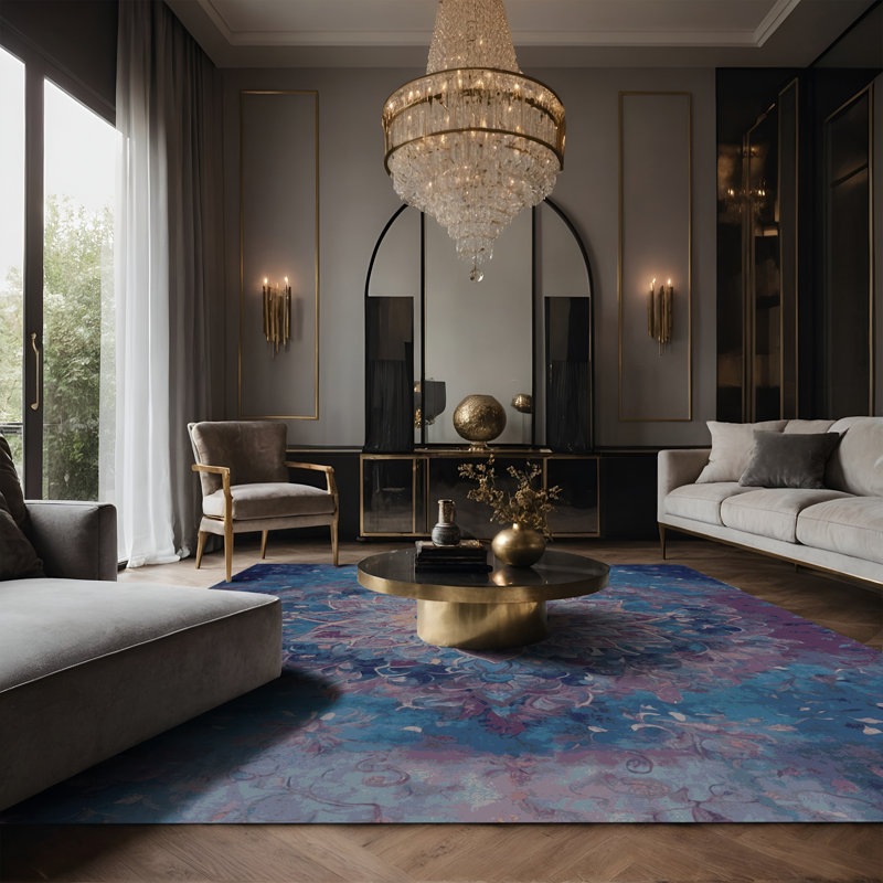 Tapis bleu soyeux et moelleux, Rectangle 7 pi x 9 pi