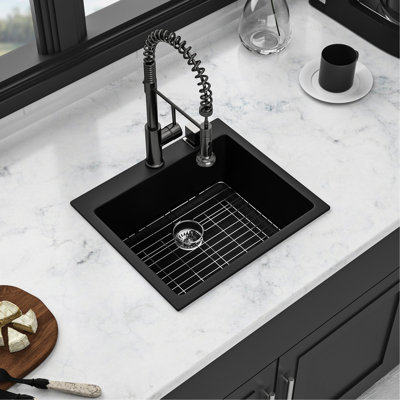 25X22" White Granite Quartz Drop - In Kitchen Sink, Low Noise And Long Lasting, Rounded Corners For Easy Cleaning, Package With Drain Strainers Sink 25X22", High End Composite Quartz, Reduces Dirt