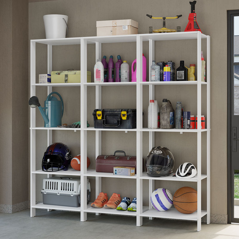  Armoire de rangement pour le garage avec 15 tablettes ouvertes, Blanc