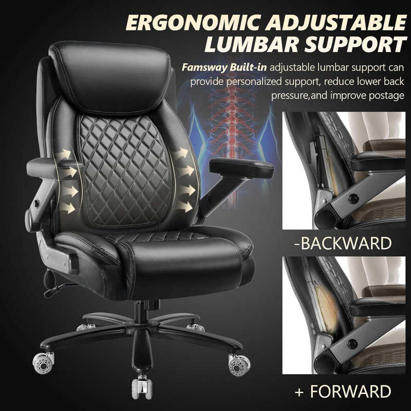 Inbox Zero 600LBS Large Heavy Duty Office Chair With 5D Flip Arms, Big And Tall Office Chair With Pocket Spring Cushion, Extra Wide Office Chair With Adjustable Lumbar Support,Dual Rubber Wheel