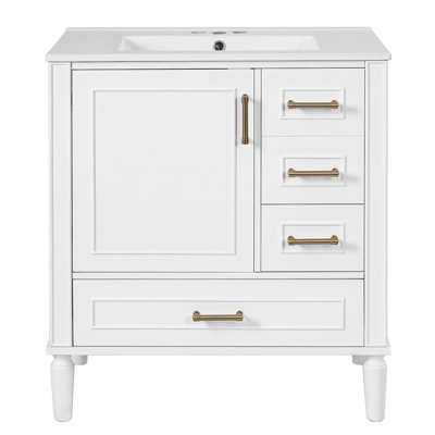 Meuble-lavabo de 30 po avec lavabo en céramique, porte à fermeture en douceur avec tablette intégrée, tiroir profond, tiroir standard, grand tiroir diviseur, grande armoire de rangement pour la salle de bain, design moderne et fonctionnel