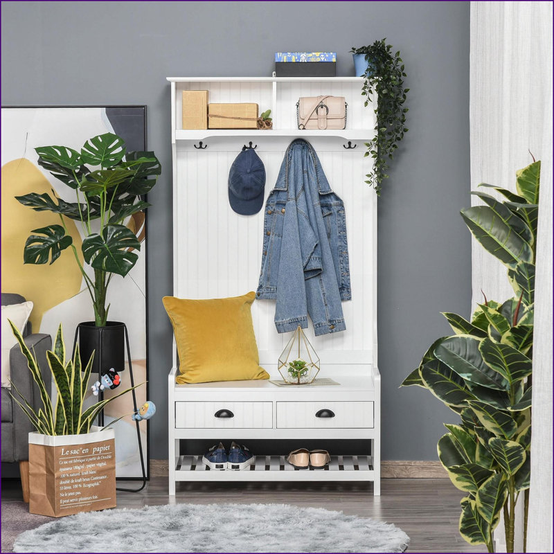 Hall Tree with Storage Bench, 3-in-1 Entryway Organizer with 4 Hooks &amp; Shoe Storage | Coat Racks, White