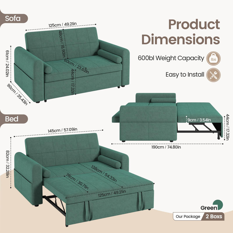 3 Seater Linen Sofa Bed, Green Velvet