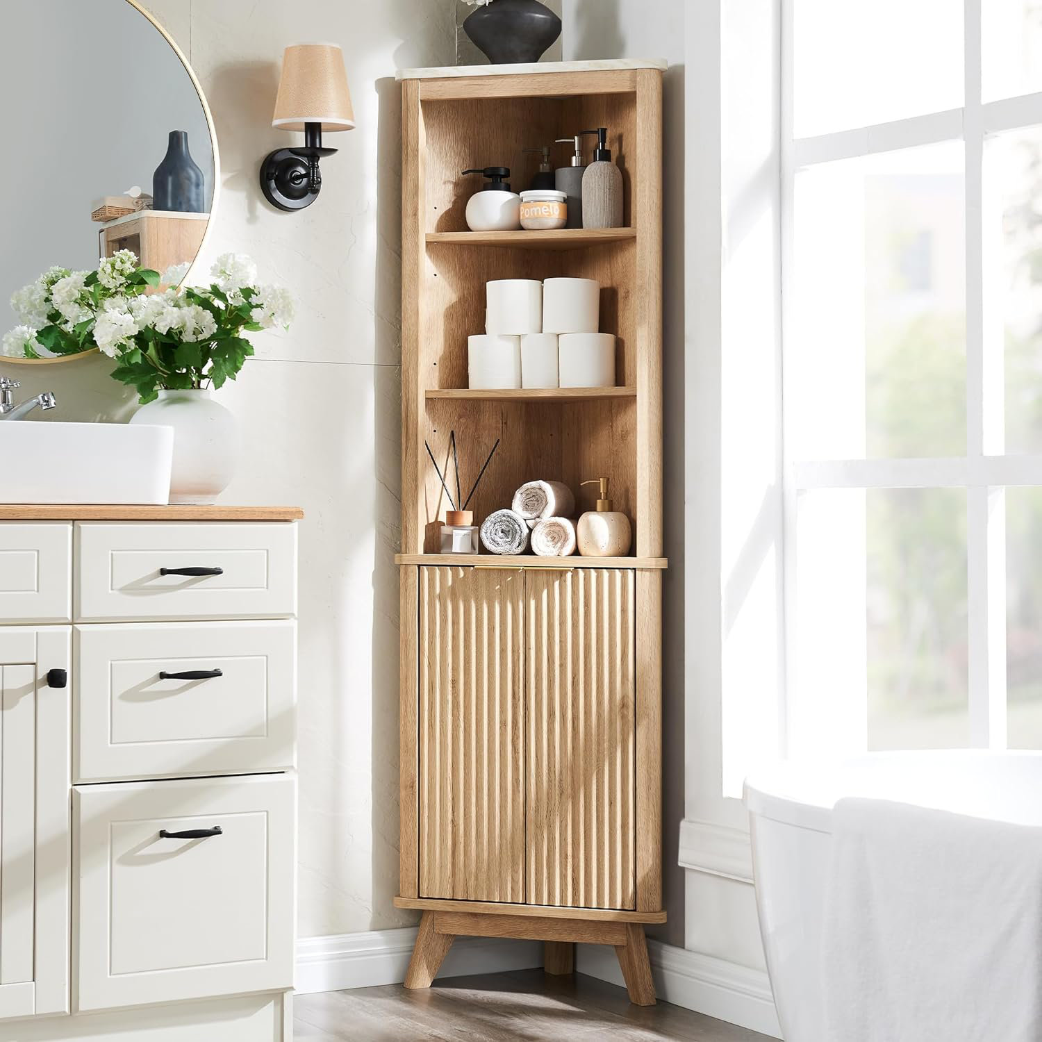 Image showcasing George Oliver Freestanding Tall Corner Cabinet, Corner Bathroom Storage ...