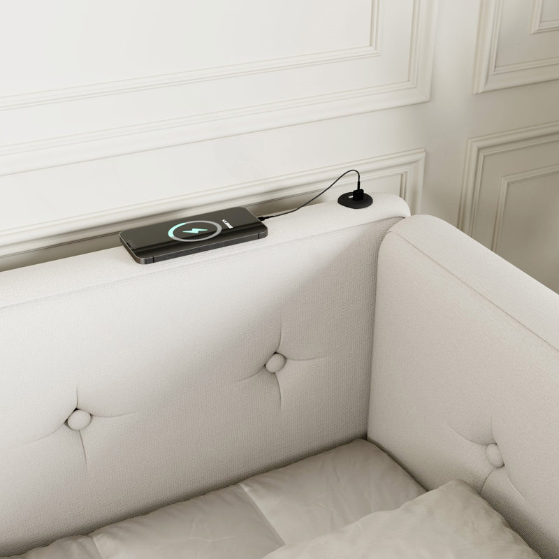 Élégant lit plateforme tapissier moderne avec ports USB et lattes de lin robustes, pour plus de confort et de commodité.