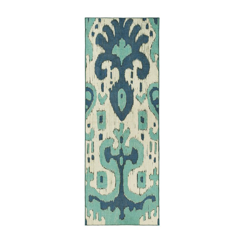 Tapis bleu sarcelle Ochre Ikat, Tapis de couloir 2 pi 6 po x 7 pi