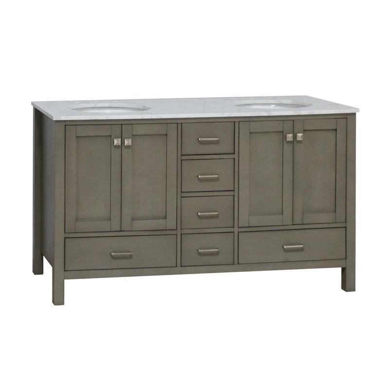 Ensemble de meuble-lavabo double 60 po Claudett, Gris patiné, Carrara d'ingénierie