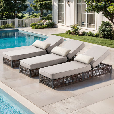 Chaise longue de patio en rotin 3 pièces, chaise longue en osier d'extérieur PE avec dossier réglable, coussin et coussin amovibles, chaise longue inclinable pour balcon au bord de la piscine