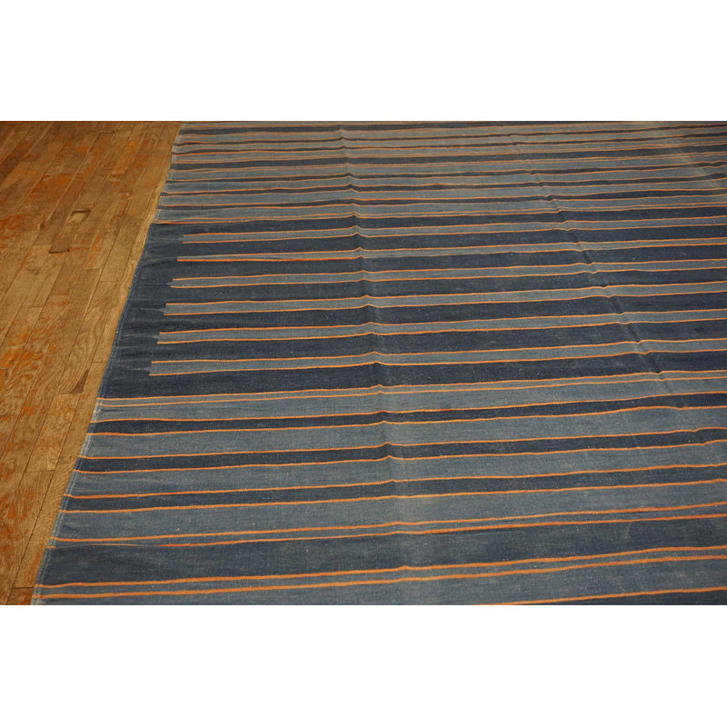 Blue Color Striped Pattern Antique Flat Weave Cotton Indian Dhurrie Rug