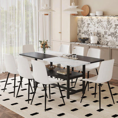 Rectangular Dining Table Set, 71" Farmhouse Dining Table Set With Upholstered Chairs And Storage Shelf, Marble Grain Tabletop With Metal Frame, Black/