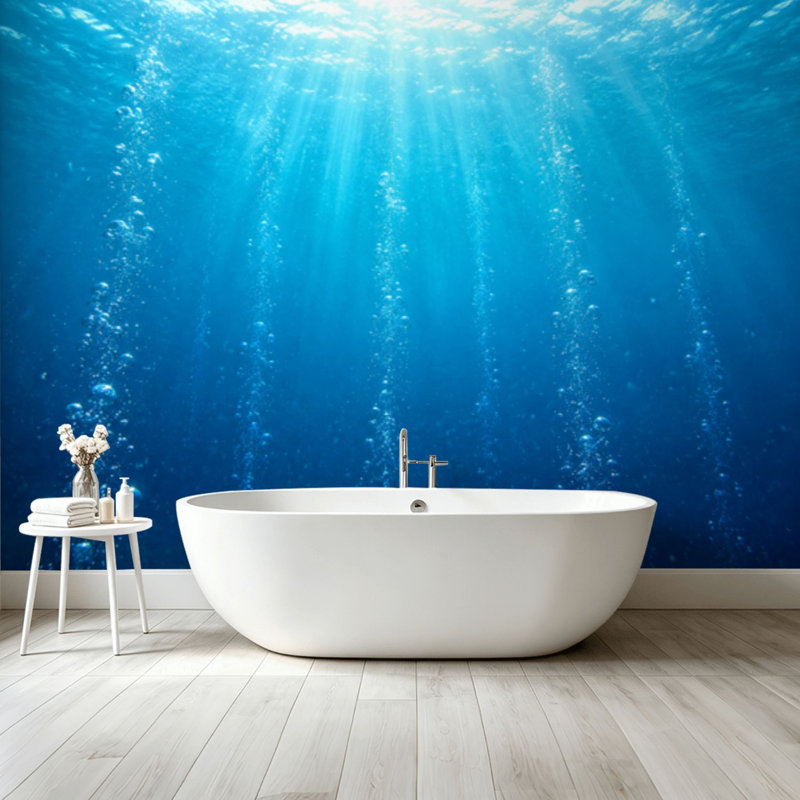 Adhésif mural amovible Peler et coller "vagues de l'océan bleues sous les bulles d'eau", 68.88" L x 96" W
