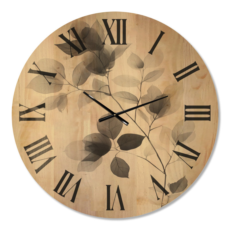 Horloge murale ronde scandinave grise, motif feuille translucide, imprimée sur bois massif, Très grand