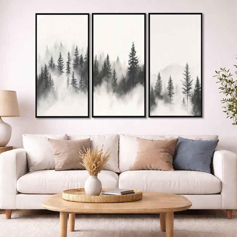 Art mural monochrome forêt - pins brumeux gris et blancs - forêt, Black Floater Framed, H 32 po x l 48 po
