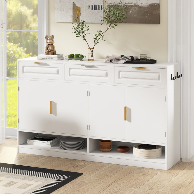 59.1" W Farmhouse Sideboard With Adjustable Shelves,3 Drawers, White