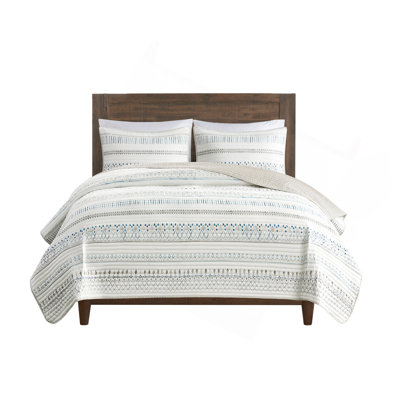 3 Piece Printed Microfiber Seersucker Quilt Set Taupe/Blue