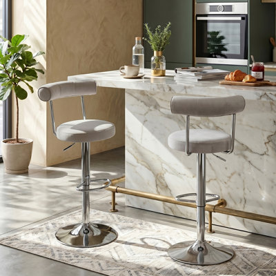 Modern Velvet Upholstered Swivel Adjustable Counter Bar Stools with Chrome Silver Pedestal Base