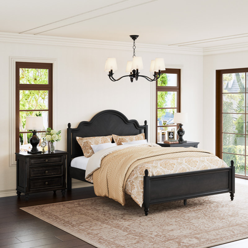 Ensemble de chambre à coucher 3 pièces en bois massif moderne, Noir rétro, Grand lit