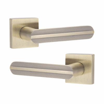  4 Pairs Modern Lima Knurled Design Premium Door Handles on Square Rose in Antique Brass Finish